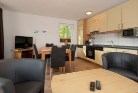 Wohn/Essbereich mit Couch, Kaminofen und KÃ¼chenzeile