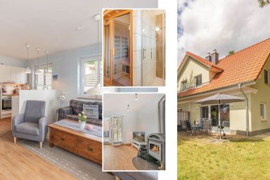 DHH Waldhaus 5 - Ruhiges Ferienhaus in Korswandt im Grünen – mit Garten, Kamin & Infrarotkabine